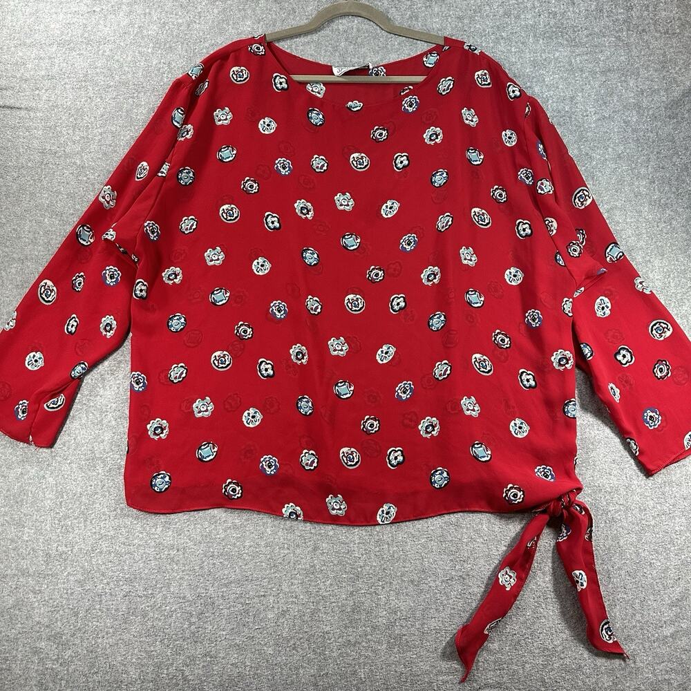 Davida Sport California Blouse Womens Red Floral Side Tie Dolman Sleeve Retro